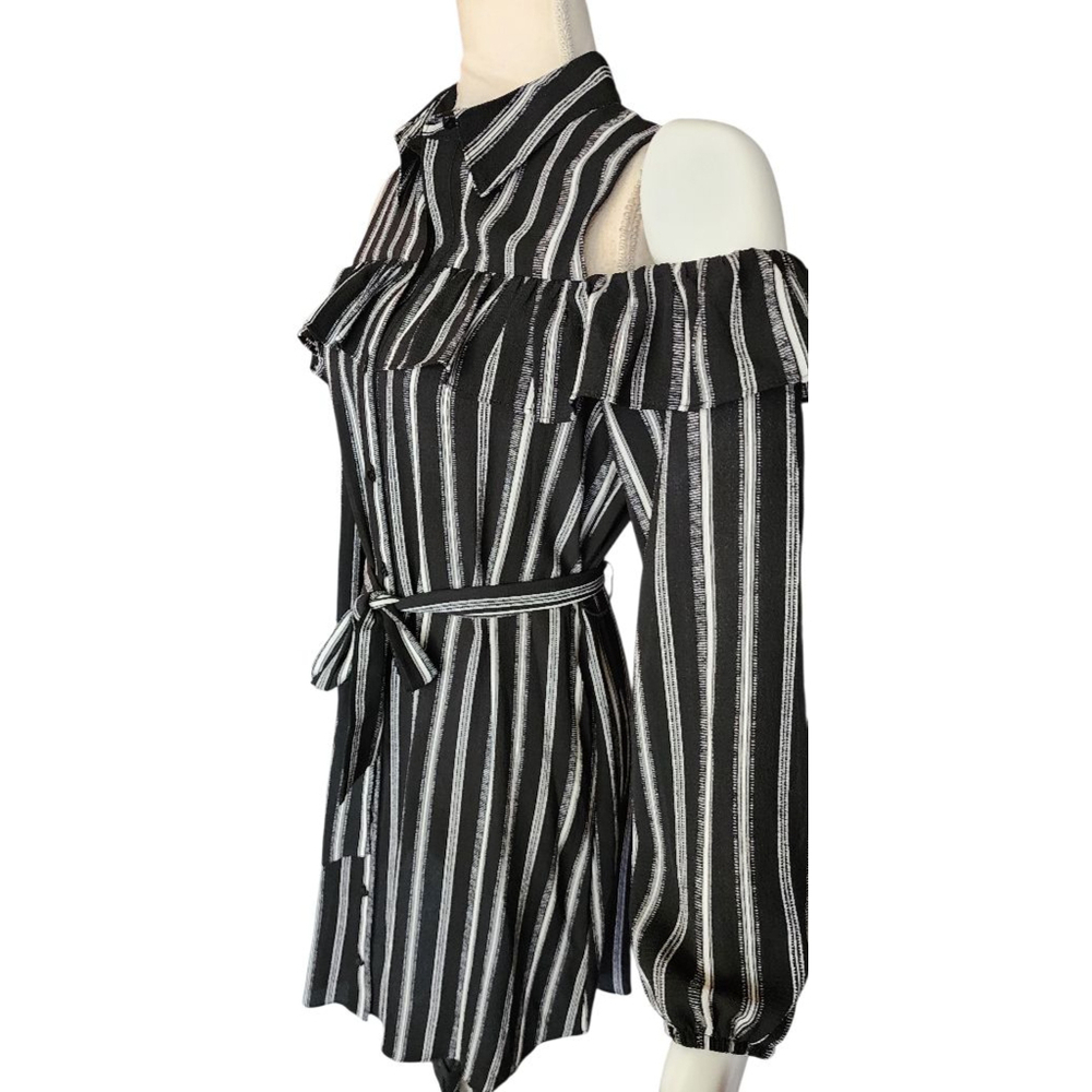 IZ Byer Black White Striped Cold Shoulder Ruffle Shirt Dress Belt M